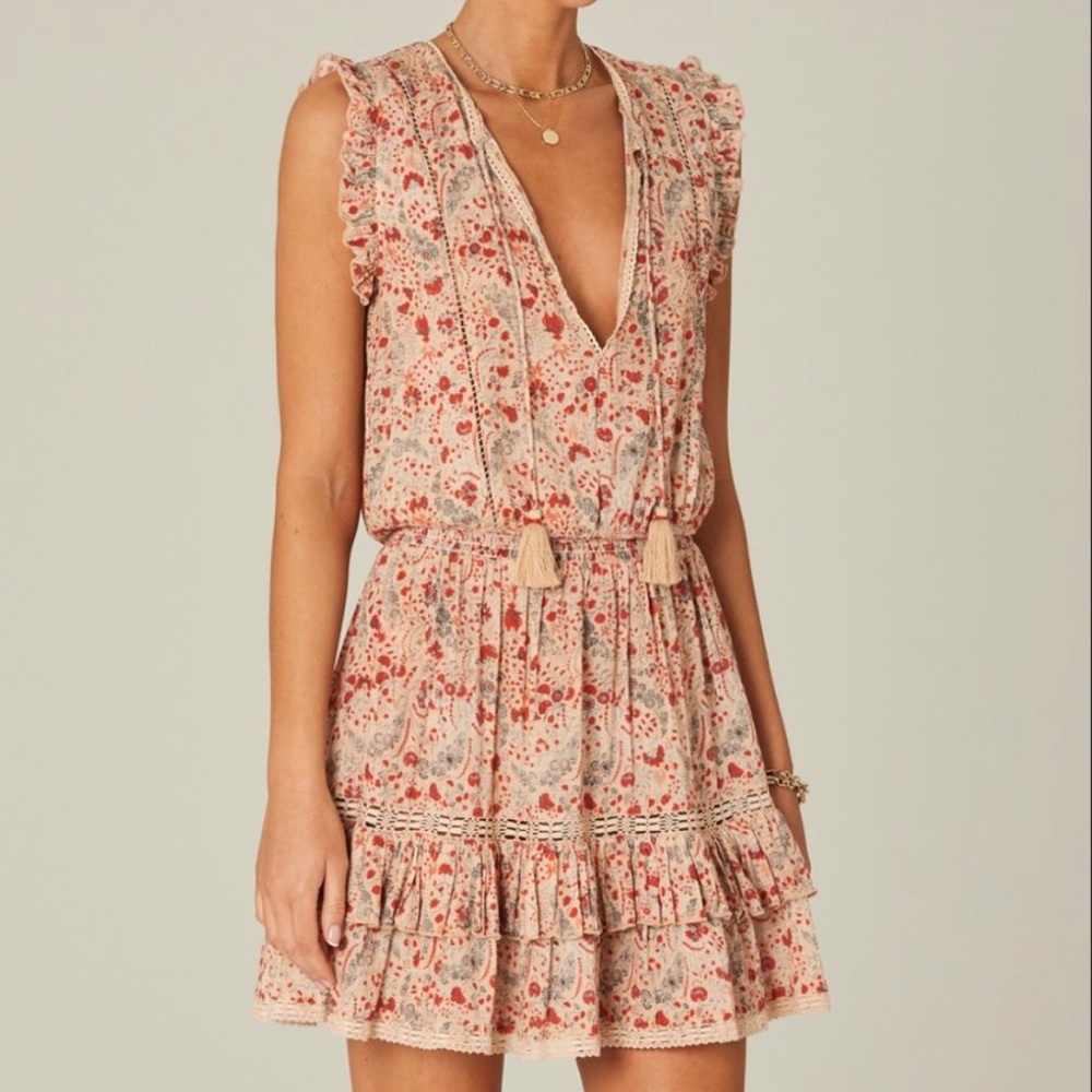 M.A.B.E. Dress Kelby Sundress Smocked Mini Tiered in Cream Pink Floral